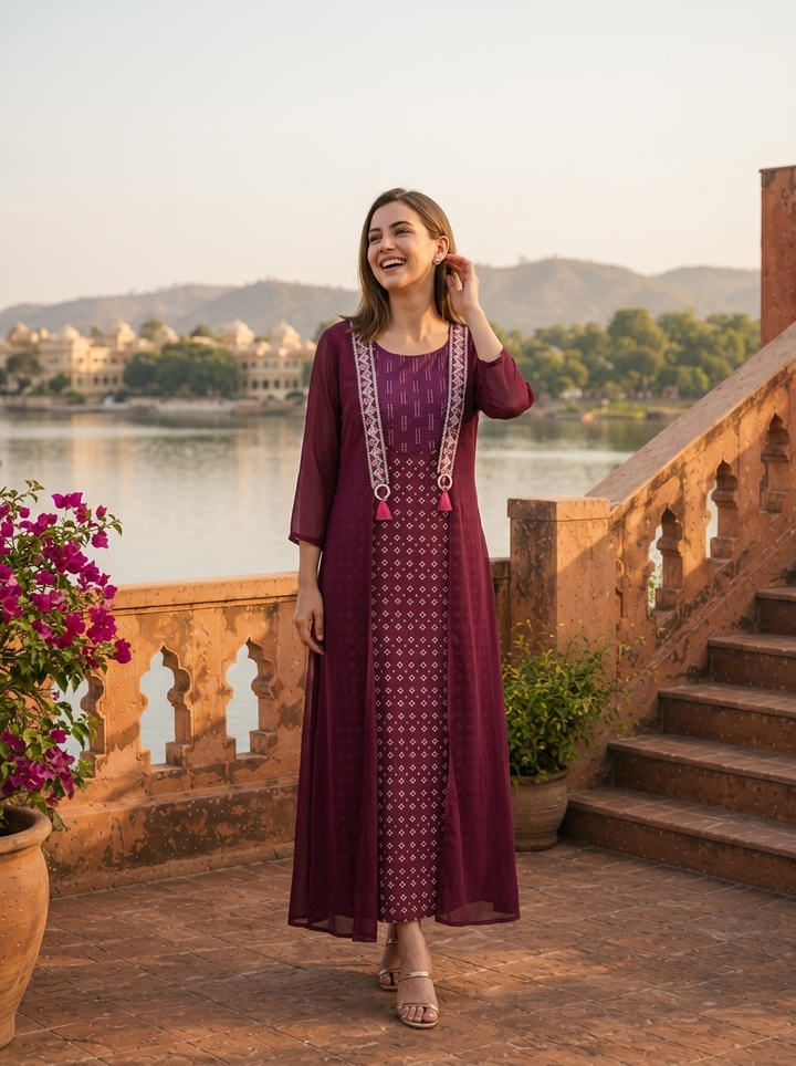 Wine Georgette Bandhani Printed Long Dress
