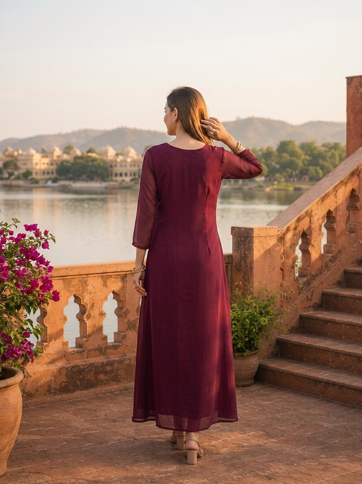 Wine Georgette Bandhani Printed Long Dress