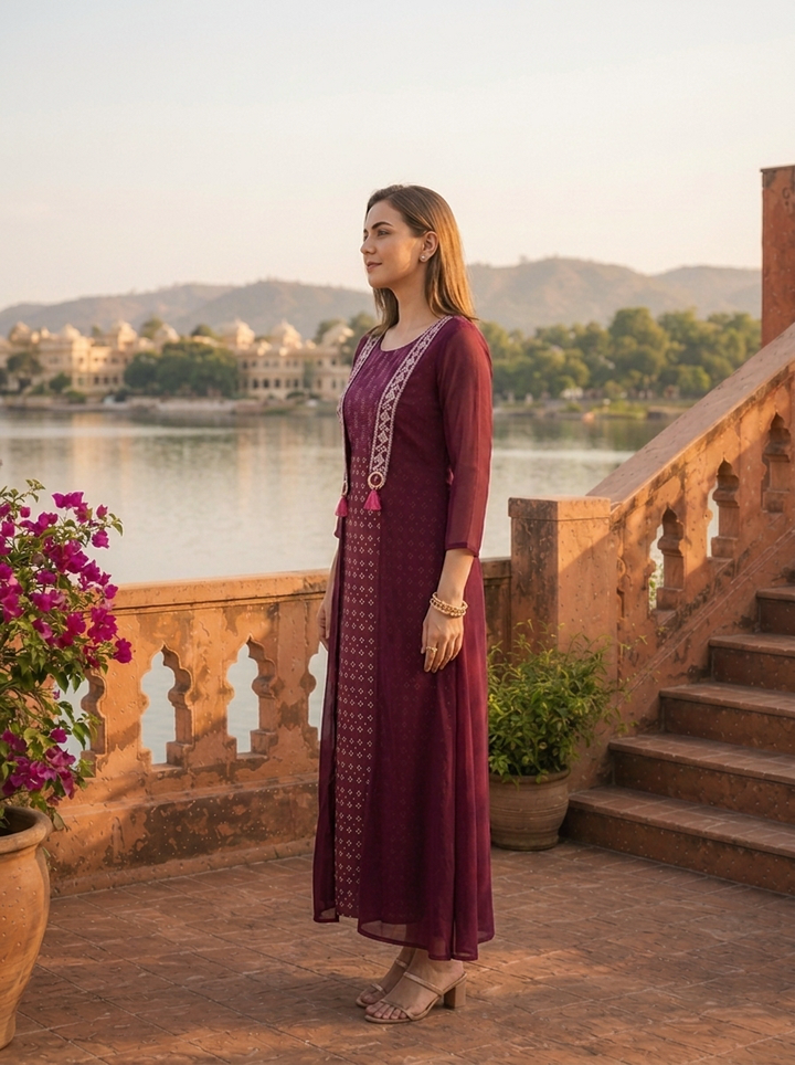 Wine Georgette Bandhani Printed Long Dress