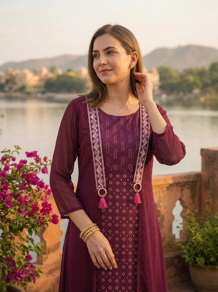 Wine Georgette Bandhani Printed Long Dress