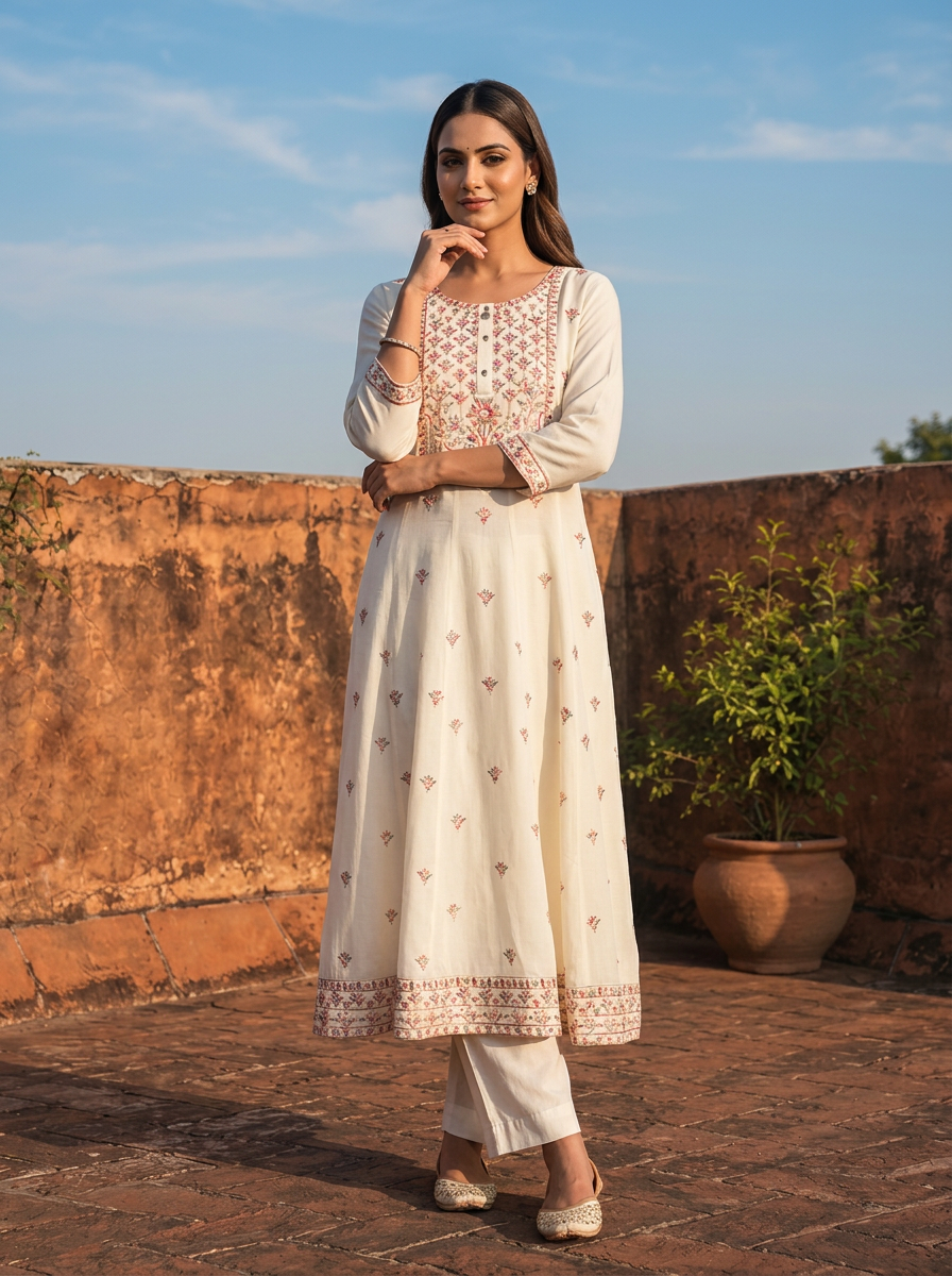 Cream Rayon Multi Color Thread Embroidered Kurta