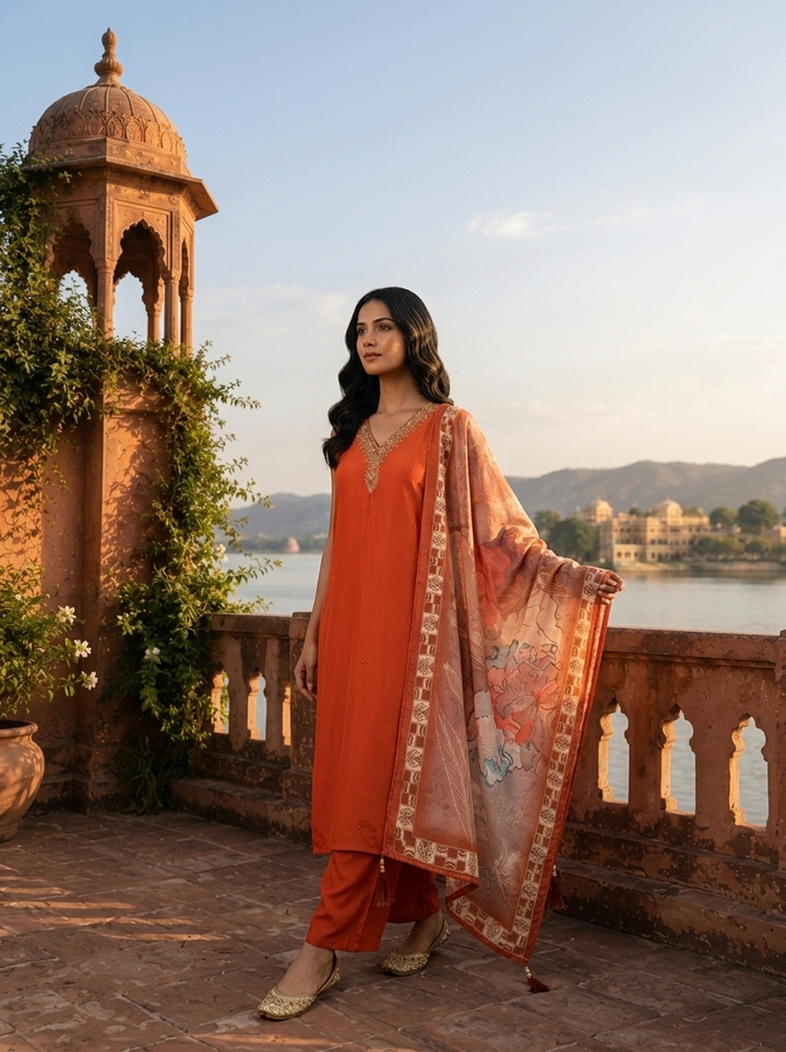 Rust Silk Zardosi Embroidery Three Piece Set