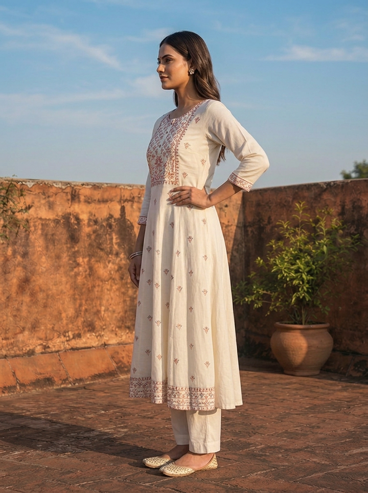 Cream Rayon Multi Color Thread Embroidered Kurta