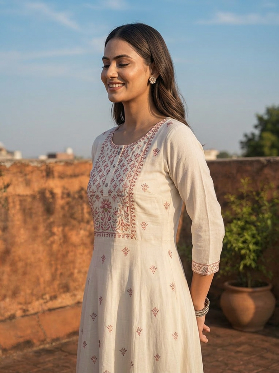 Cream Rayon Multi Color Thread Embroidered Kurta