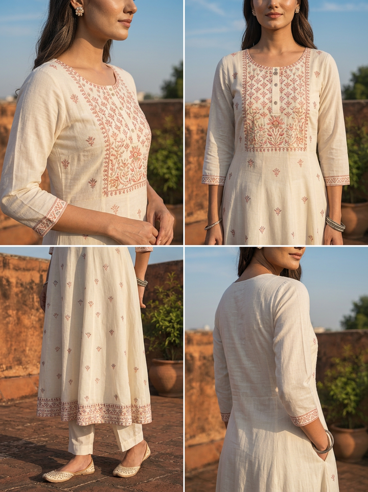 Cream Rayon Multi Color Thread Embroidered Kurta