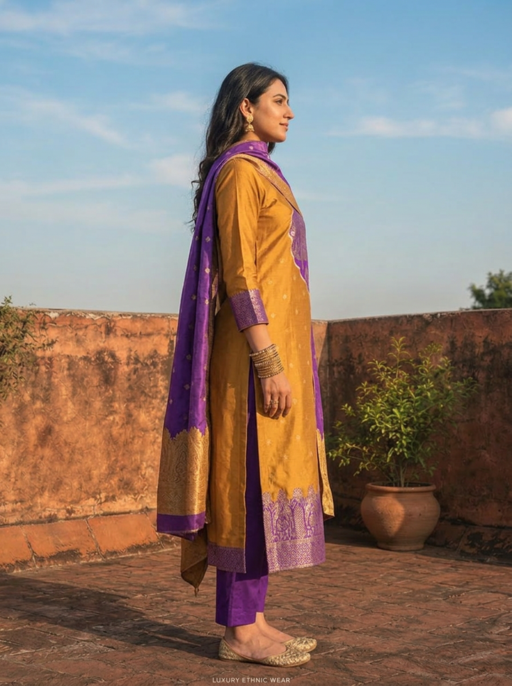 Mustard Silk Bird Panel Weaved Three Piece Set