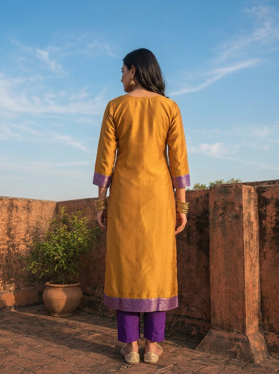 Mustard Silk Bird Panel Weaved Three Piece Set
