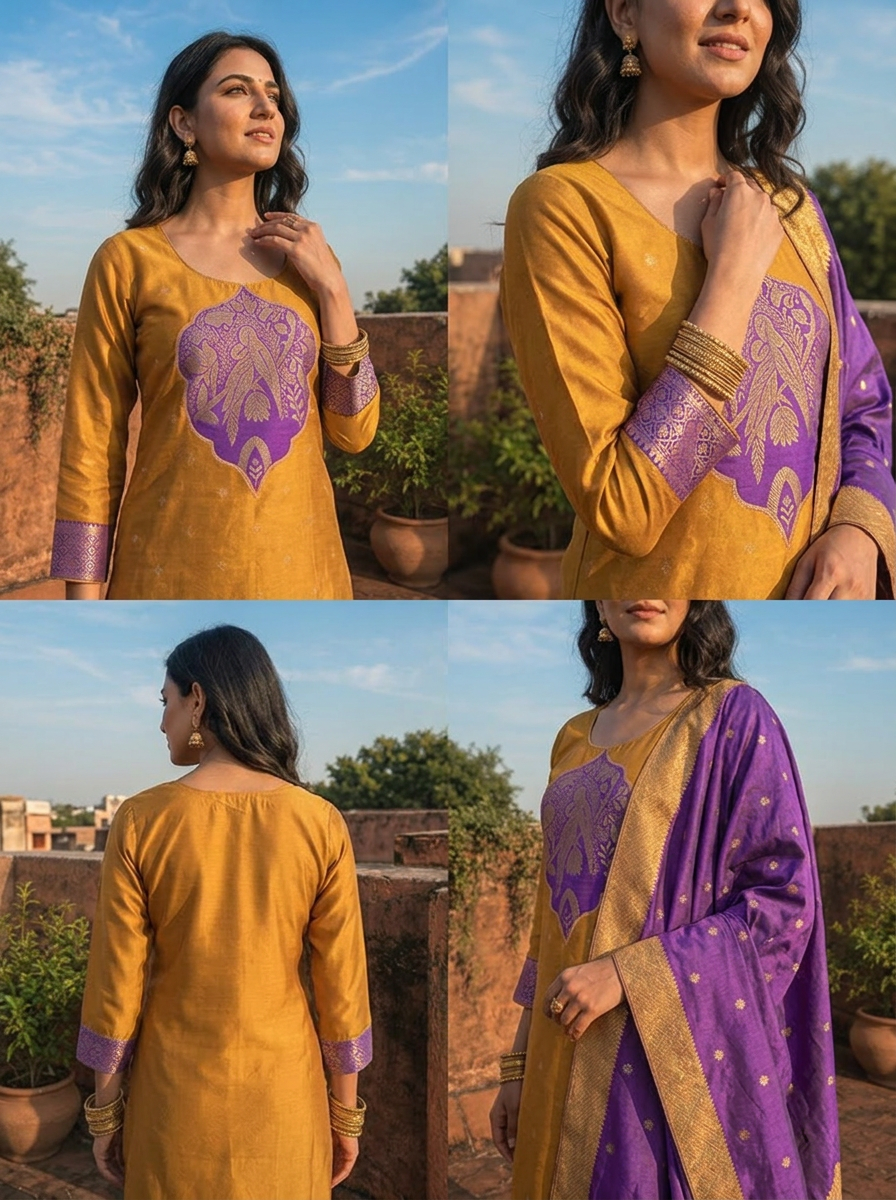 Mustard Silk Bird Panel Weaved Three Piece Set