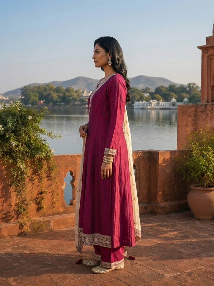 Wine Vichitra Silk Geometric Zari Embroidery Three Piece Set