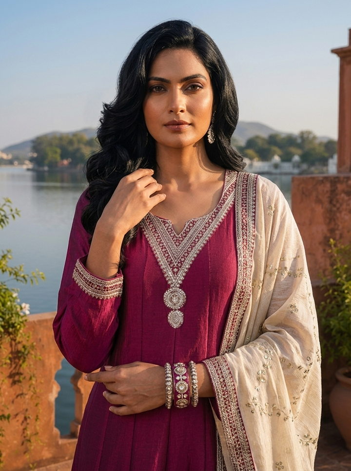 Wine Vichitra Silk Geometric Zari Embroidery Three Piece Set