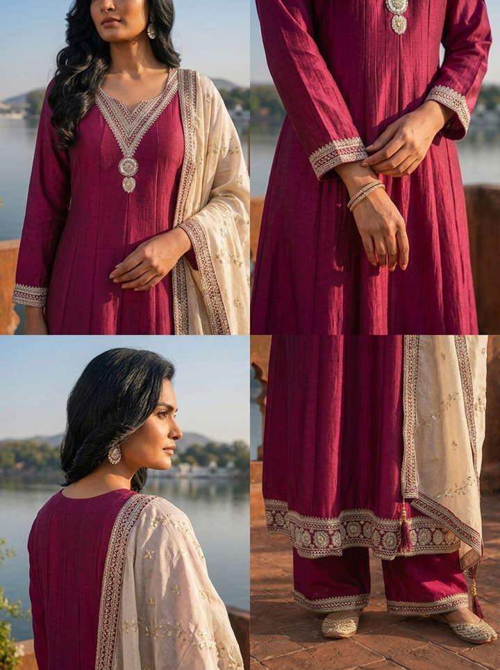 Wine Vichitra Silk Geometric Zari Embroidery Three Piece Set