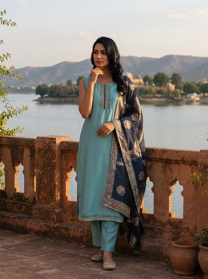 Sky Blue Vichitra Silk Embroidery Three Piece Set With Floral Weaved Dupatta