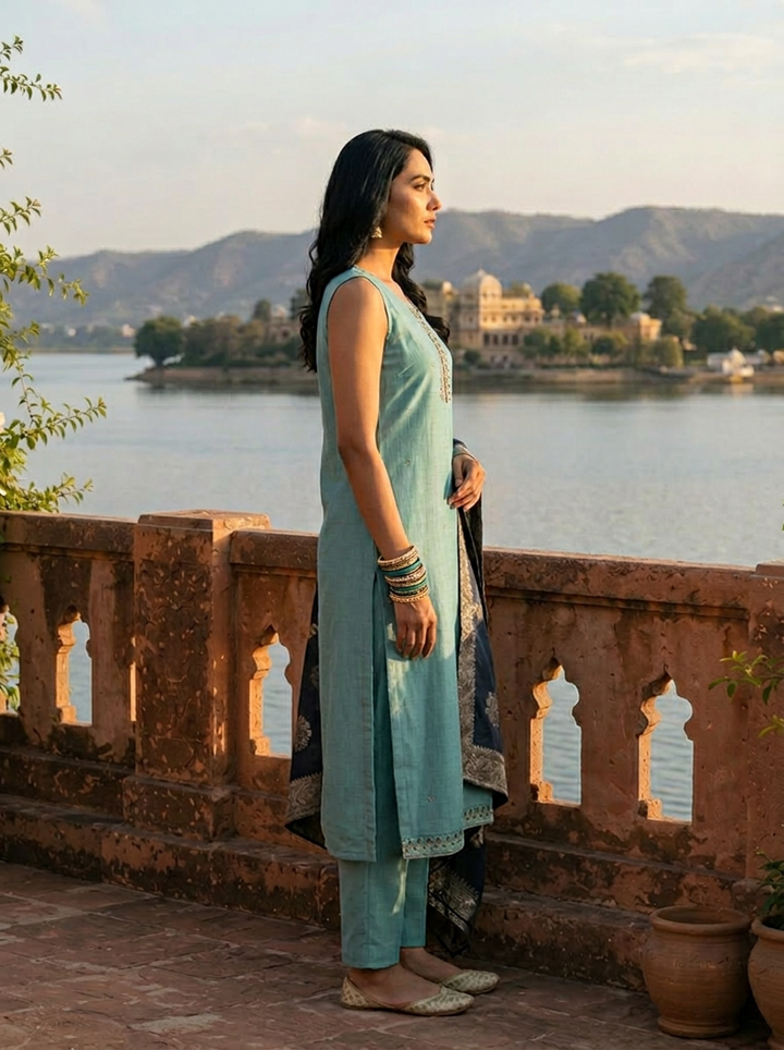 Sky Blue Vichitra Silk Embroidery Three Piece Set With Floral Weaved Dupatta
