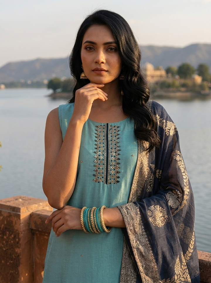 Sky Blue Vichitra Silk Embroidery Three Piece Set With Floral Weaved Dupatta