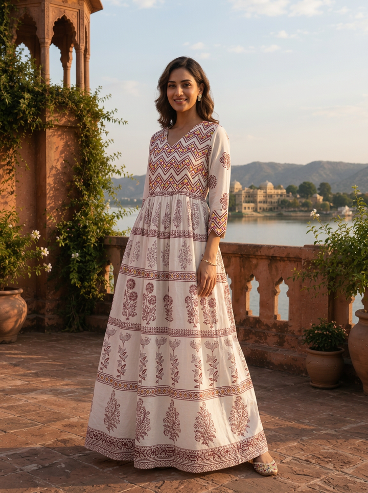Brown Cotton Tiered Botanical Gradient Printed Dress