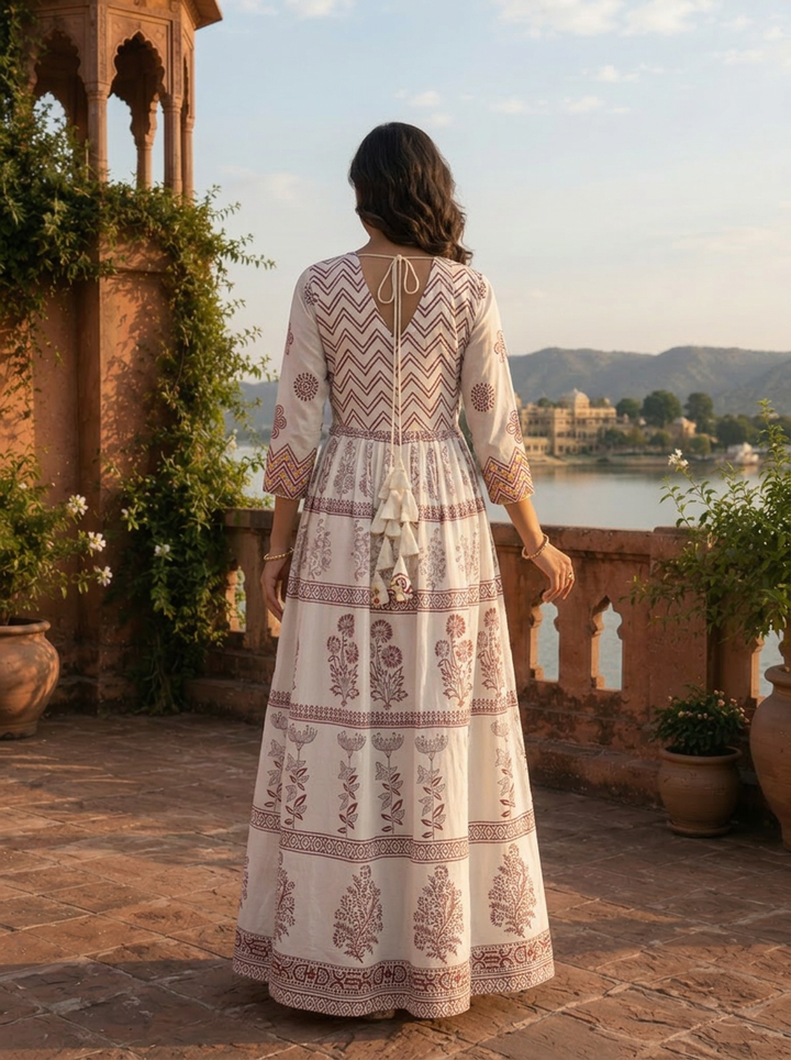 Brown Cotton Tiered Botanical Gradient Printed Dress