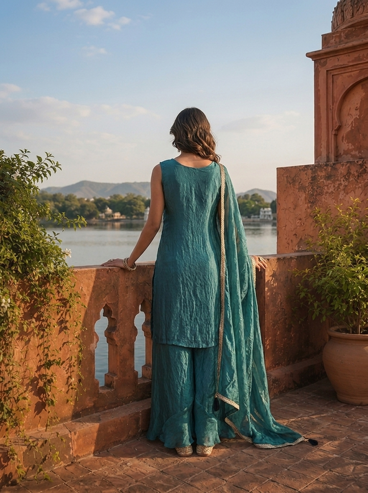 Peacock Silk Floral Jaal Embroidered Three Piece Set
