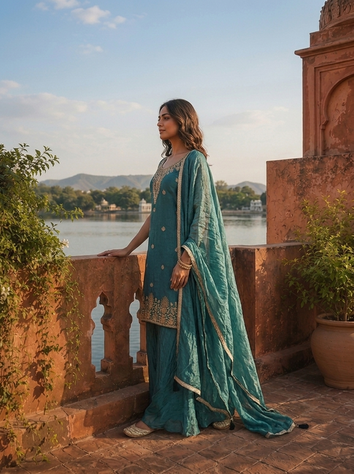 Peacock Silk Floral Jaal Embroidered Three Piece Set