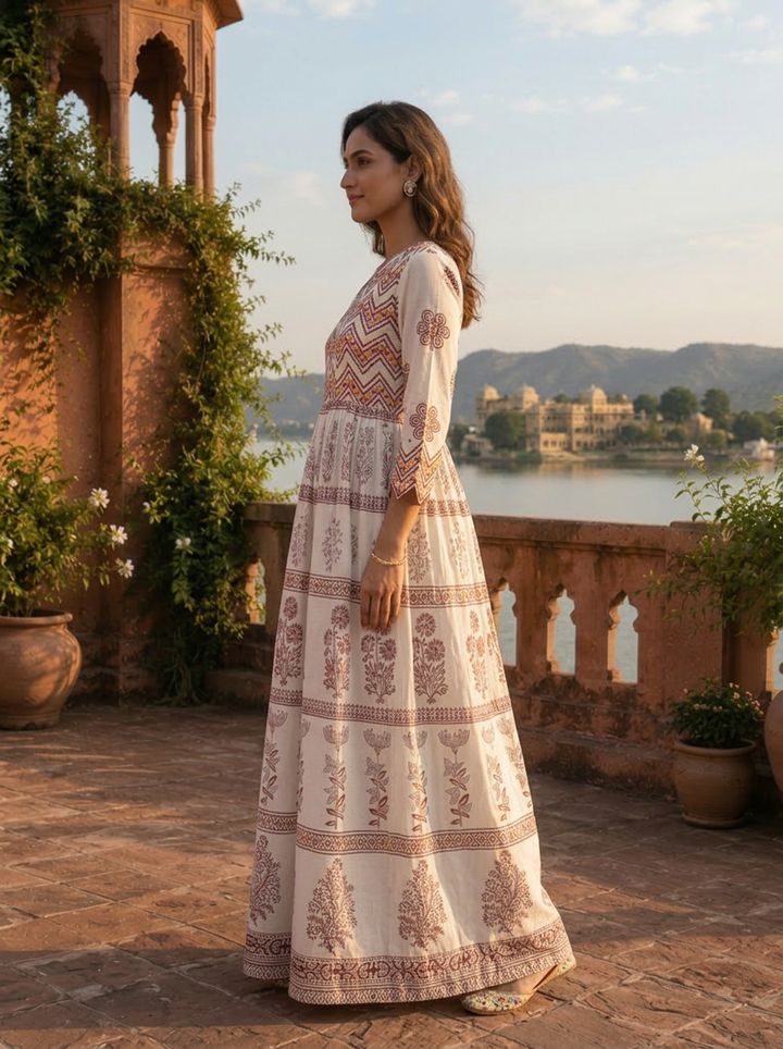 Brown Cotton Tiered Botanical Gradient Printed Dress