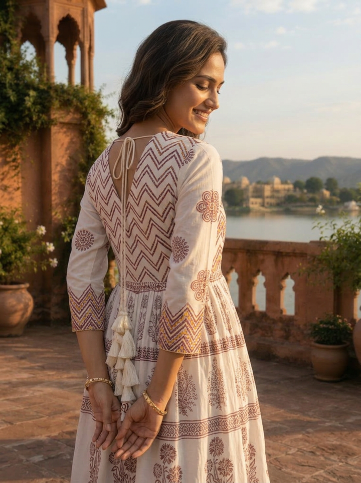 Brown Cotton Tiered Botanical Gradient Printed Dress
