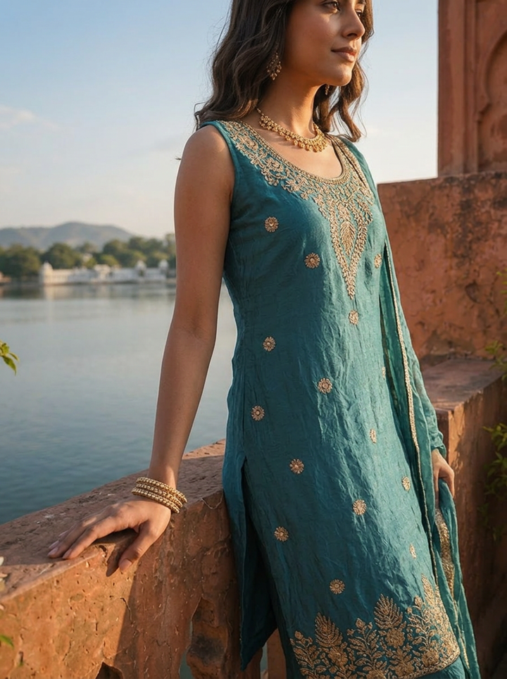 Peacock Silk Floral Jaal Embroidered Three Piece Set