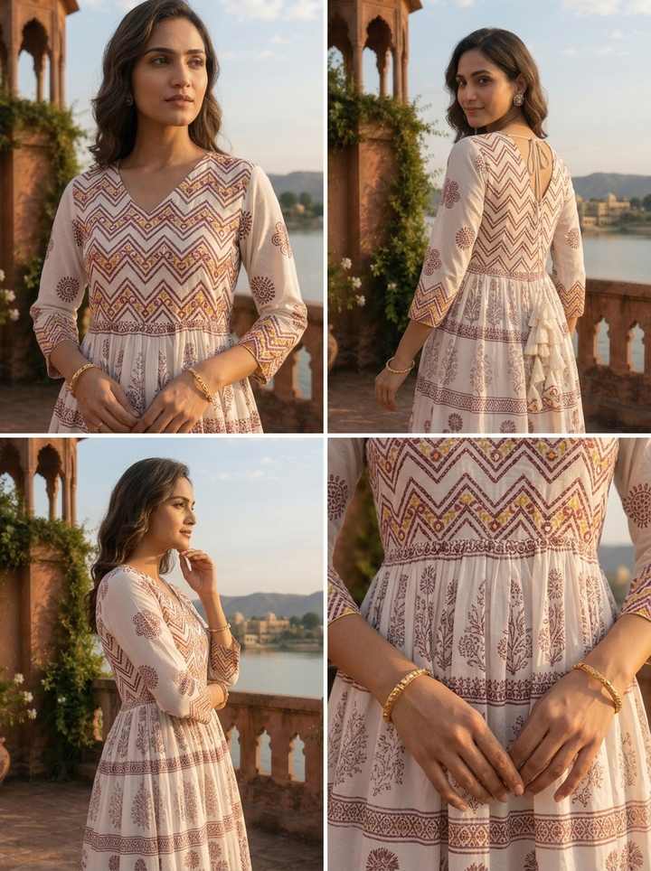 Brown Cotton Tiered Botanical Gradient Printed Dress