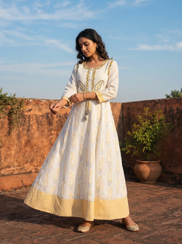 White Muslin Paisley Printed Dress