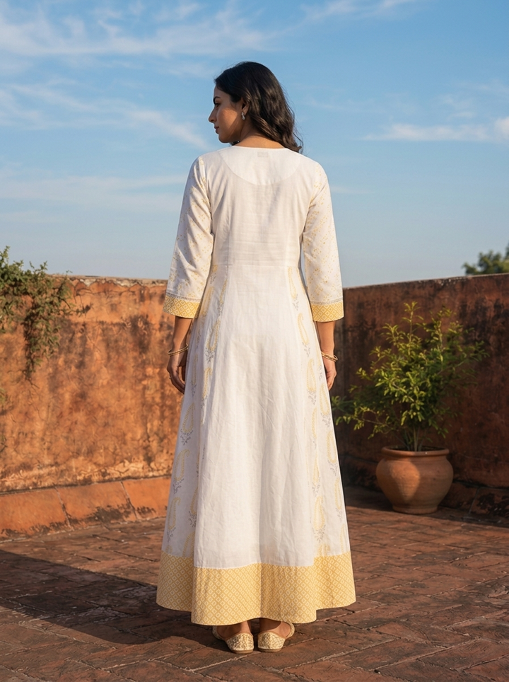 White Muslin Paisley Printed Dress