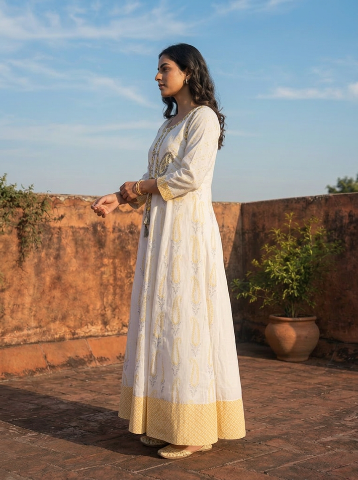 White Muslin Paisley Printed Dress