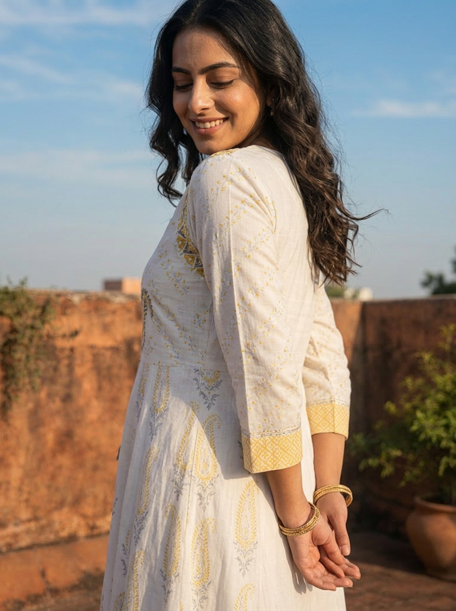 White Muslin Paisley Printed Dress