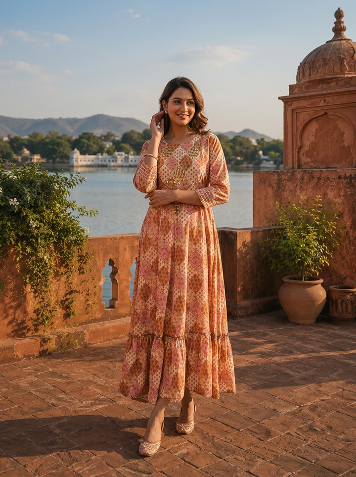 Mustard Crepe Floral Patch Printed Long Dress