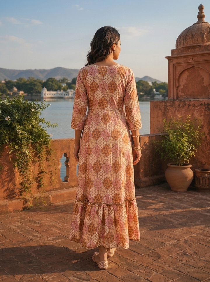 Mustard Crepe Floral Patch Printed Long Dress