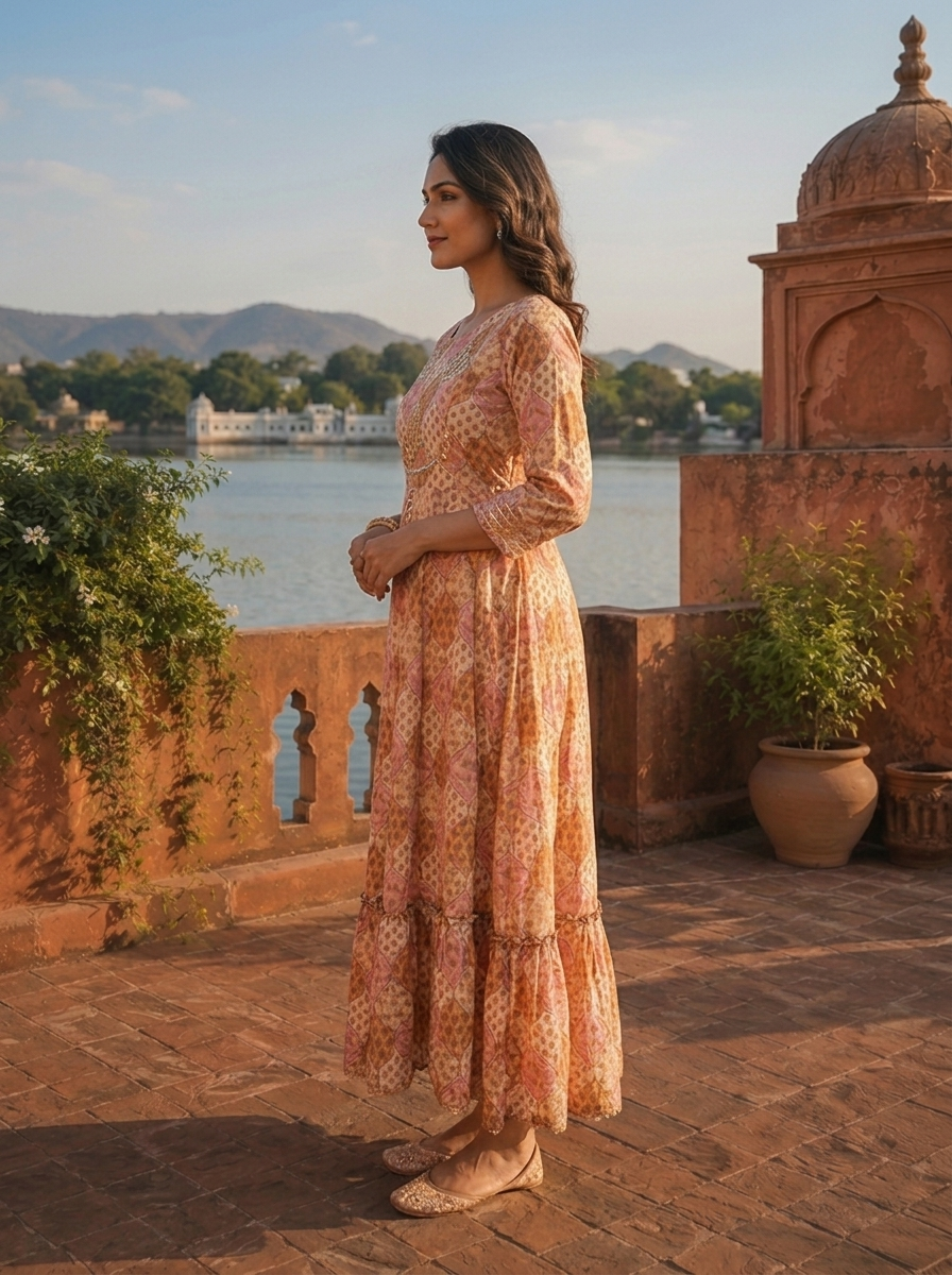 Mustard Crepe Floral Patch Printed Long Dress