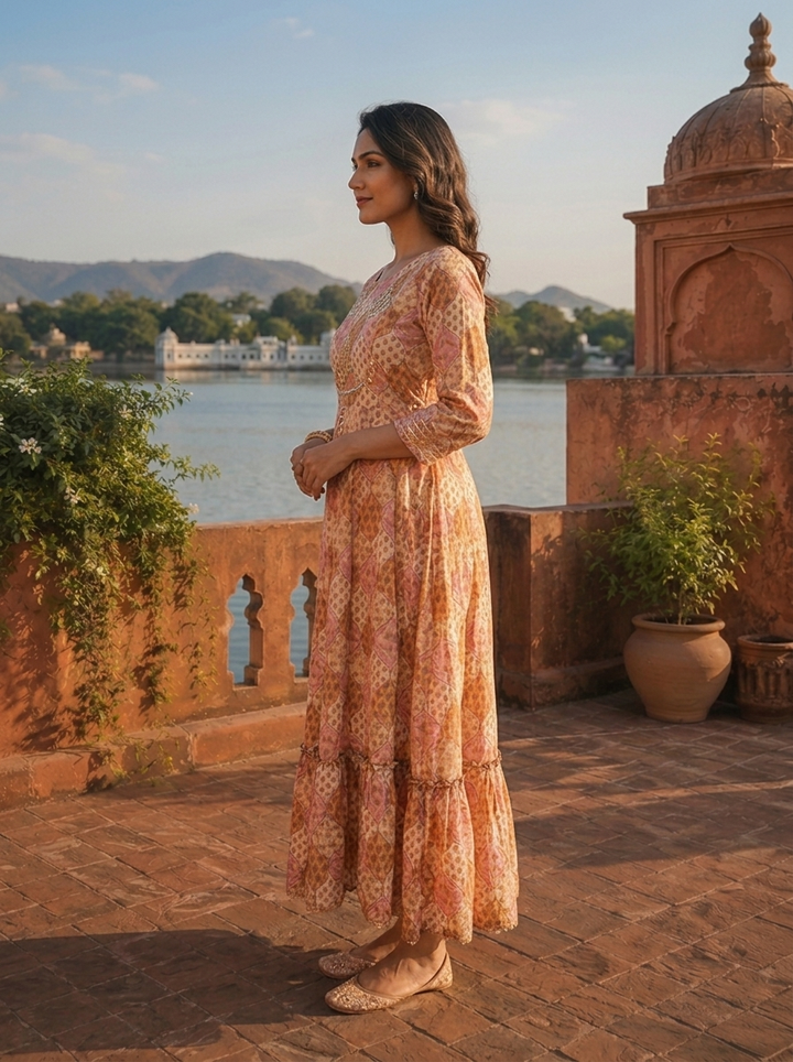 Mustard Crepe Floral Patch Printed Long Dress