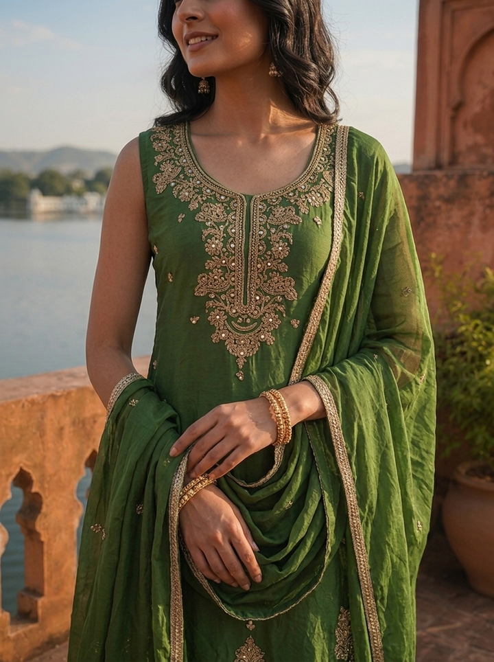 Green Silk Intricate Mughal Floral Embroidered Three Piece