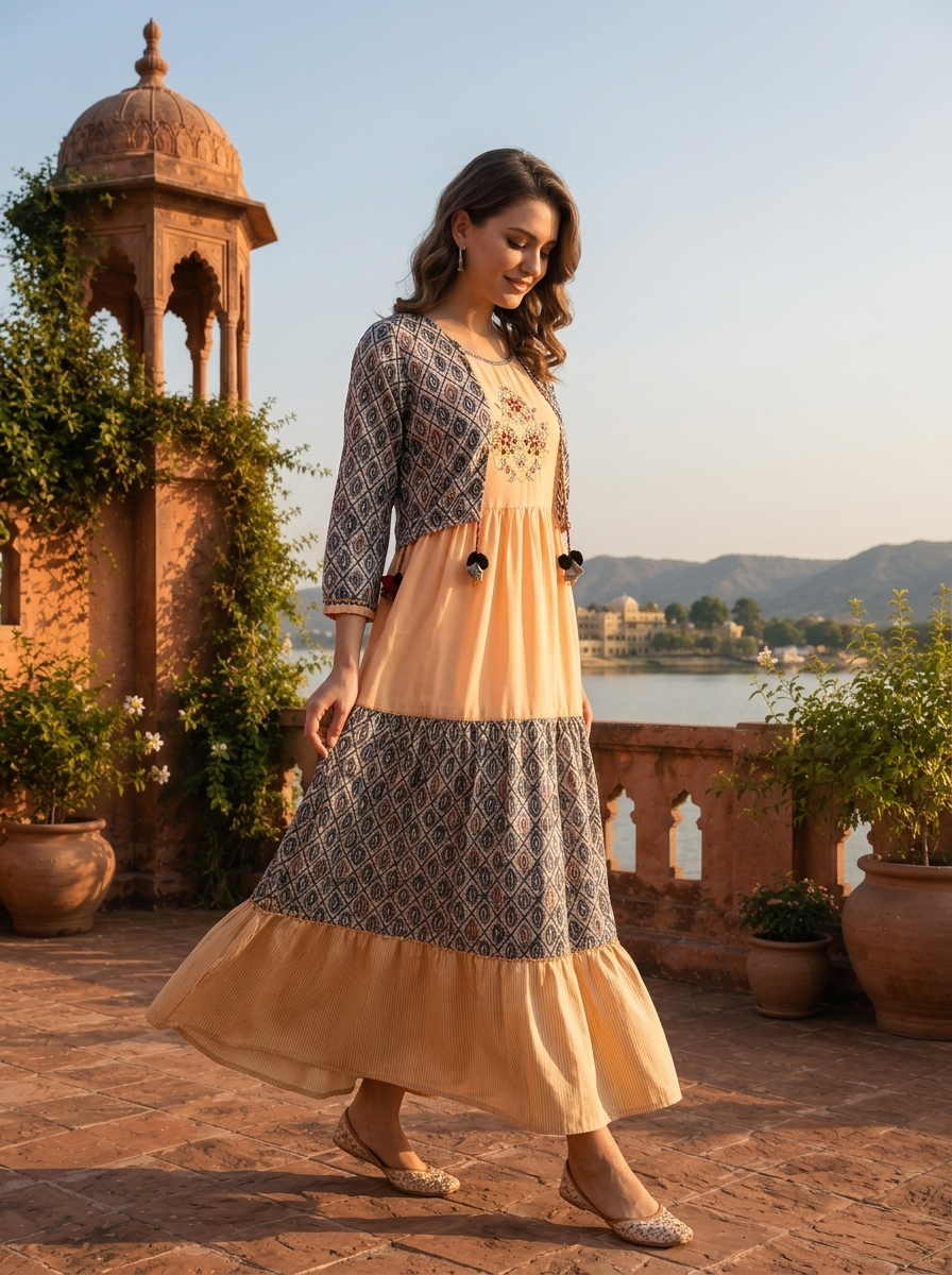 Cream Muslin Ajrakh Block Printed Dress