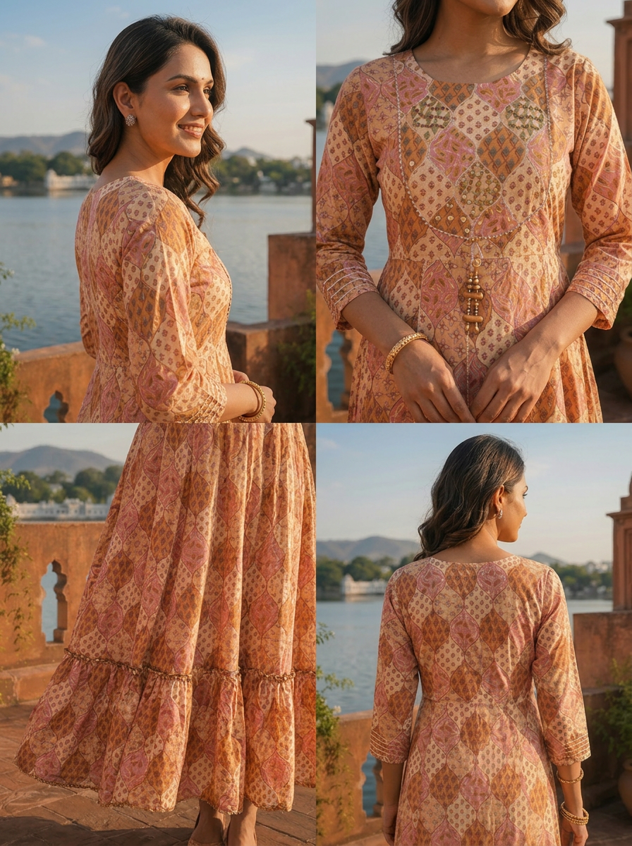 Mustard Crepe Floral Patch Printed Long Dress