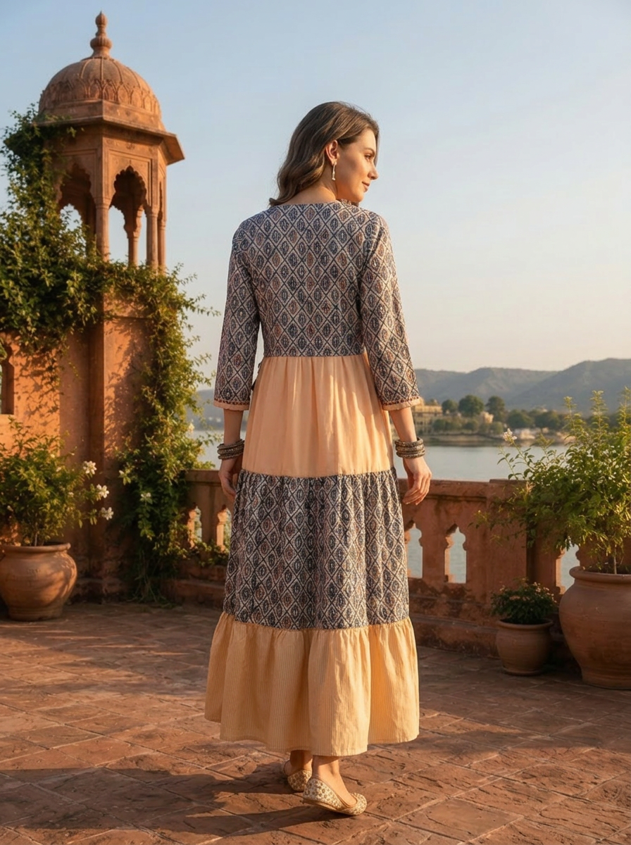 Cream Muslin Ajrakh Block Printed Dress