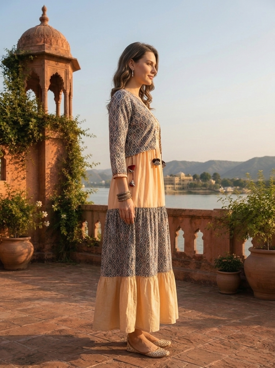 Cream Muslin Ajrakh Block Printed Dress