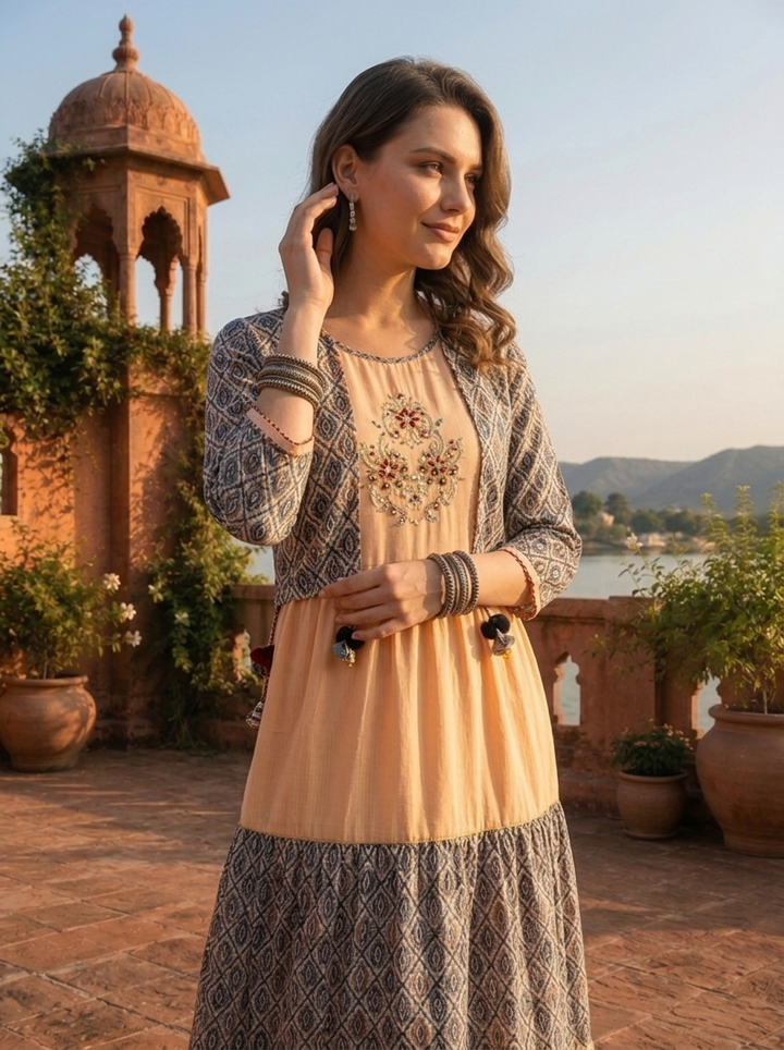Cream Muslin Ajrakh Block Printed Dress