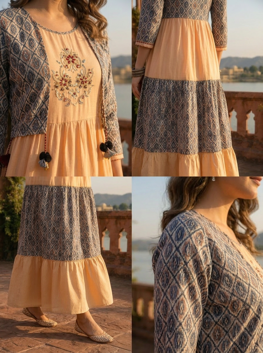 Cream Muslin Ajrakh Block Printed Dress