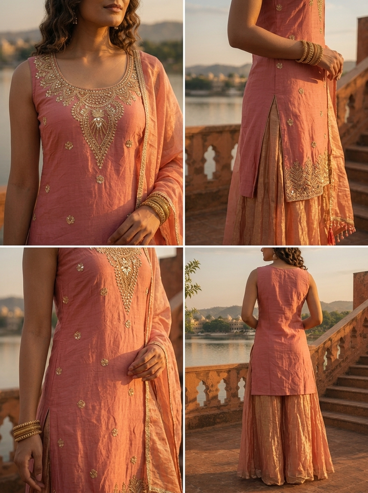 Onion Silk Floral Jaal Embroidered Three Piece Set