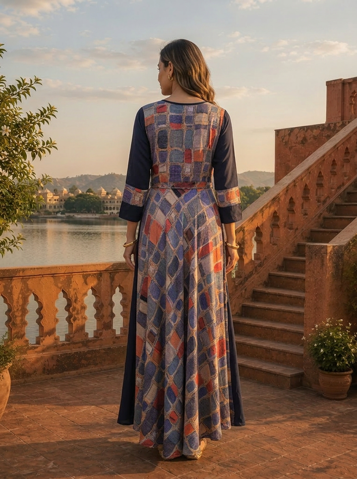 Navy Blue Rayon Floral Embroidery Dress