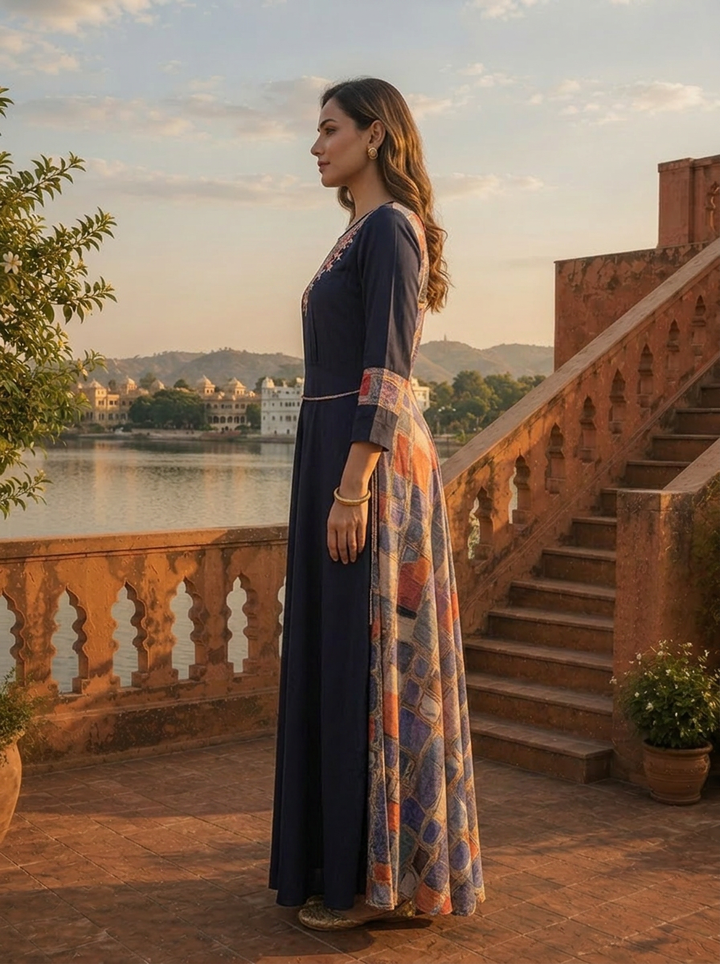 Navy Blue Rayon Floral Embroidery Dress
