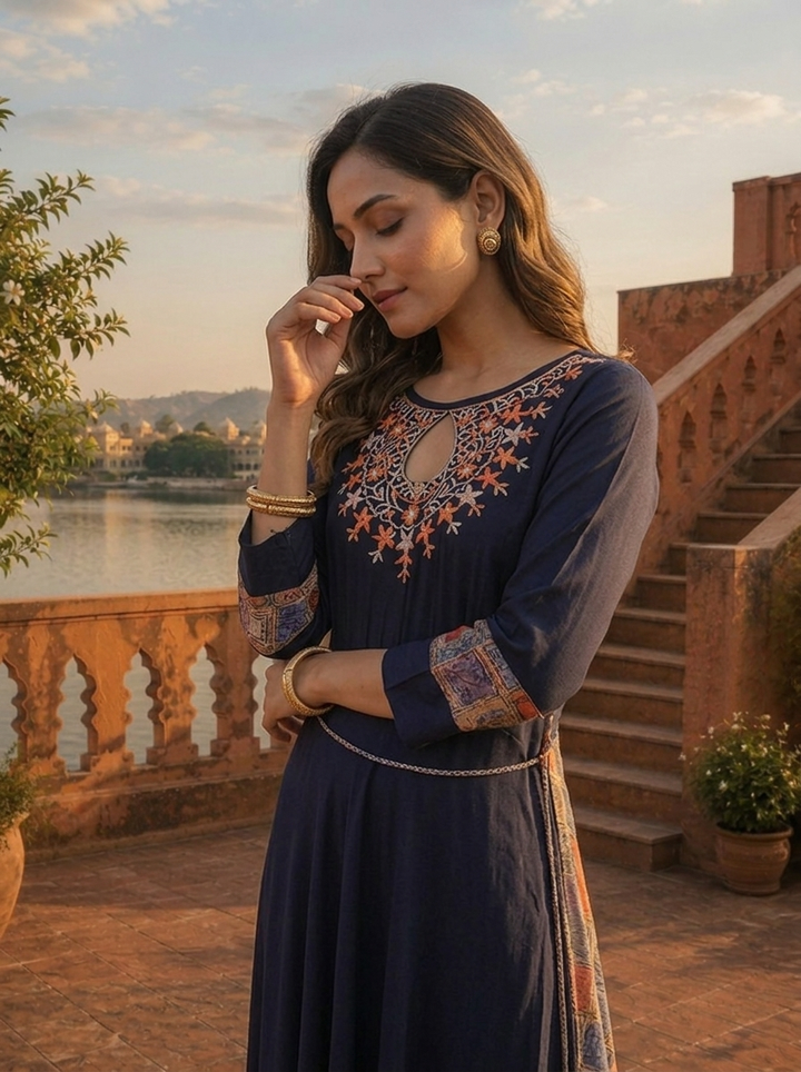 Navy Blue Rayon Floral Embroidery Dress
