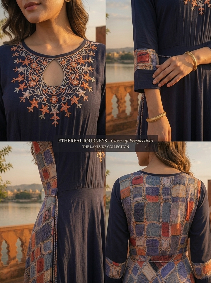 Navy Blue Rayon Floral Embroidery Dress