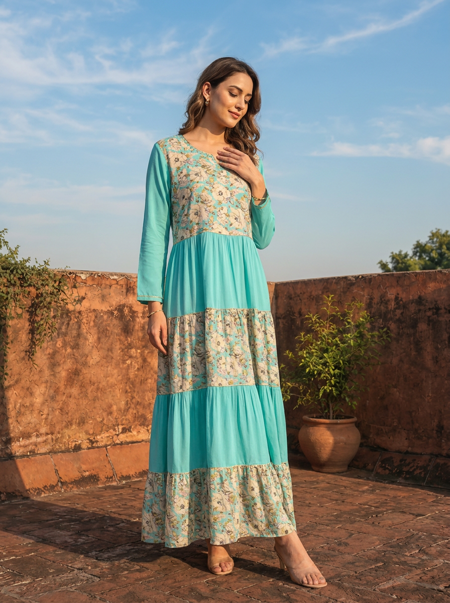 Sea Green Rayon Blossom Printed Dress