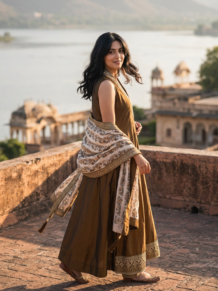 Brown Silk Zari Embroidery Three Piece Set With Floral Dupatta