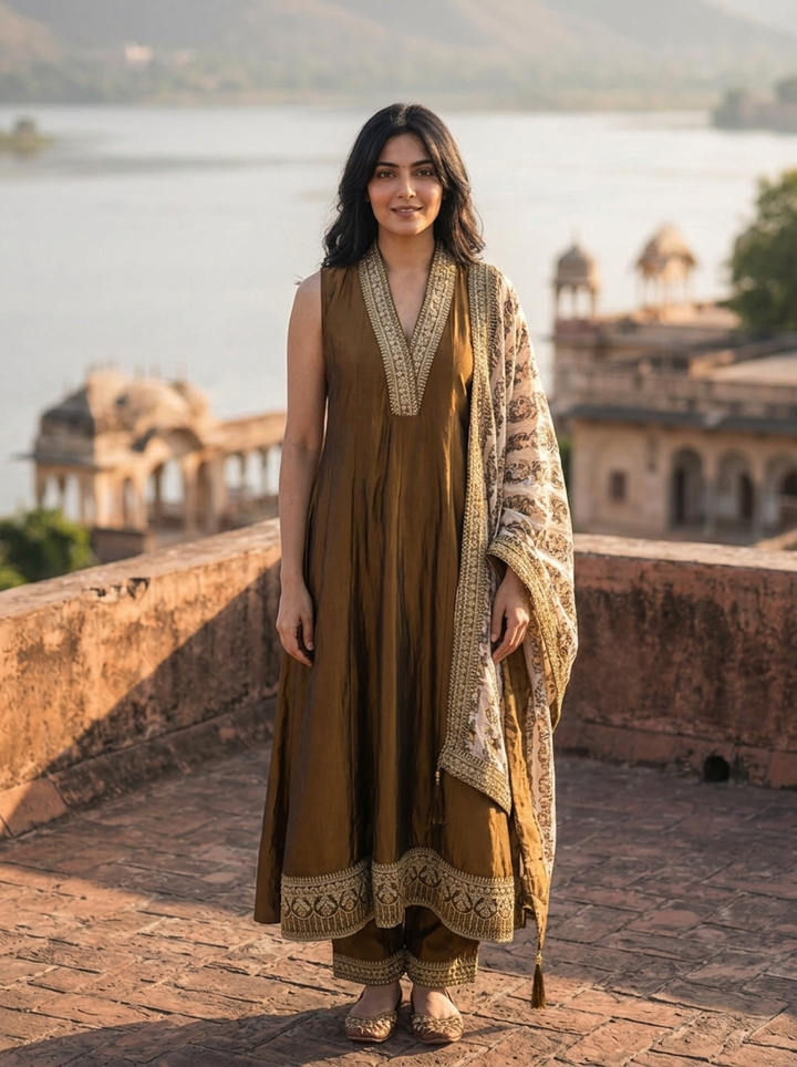 Brown Silk Zari Embroidery Three Piece Set With Floral Dupatta