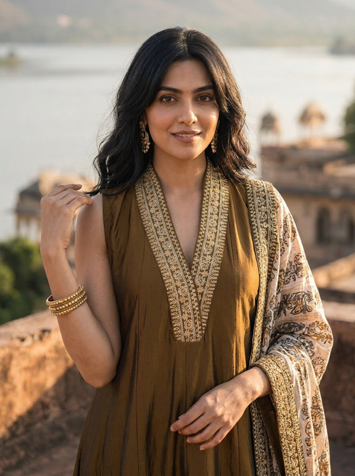 Brown Silk Zari Embroidery Three Piece Set With Floral Dupatta
